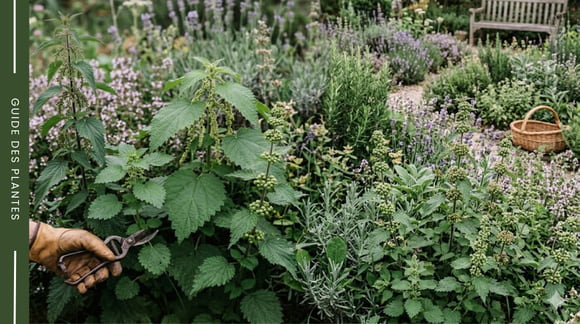 Récolte d'ortie fraîche (Urtica dioica) dans un jardin de plantes médicinales au naturel - Herboristerie Sensathé